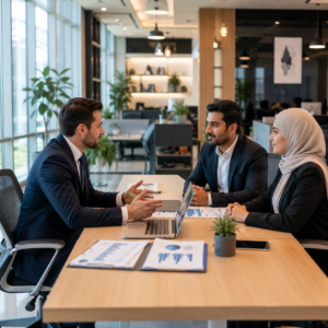 Modern Dubai business office with entrepreneurs discussing company registration, business planning, corporate documents, and startup development in a professional workspace.
