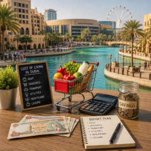 Cost of living in Dubai concept showing groceries, calculator, budget planner, savings jar, and modern Dubai waterfront buildings in the background.