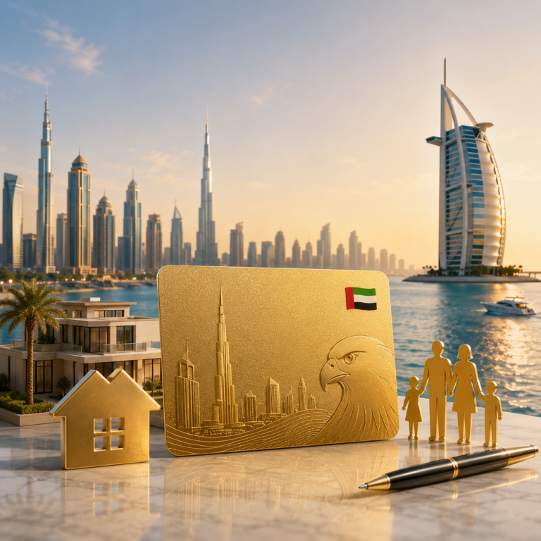 Luxury Dubai real estate investment concept featuring a premium property, golden residency card, family figures, and modern Dubai skyline representing Dubai Golden Visa Property Investment and 10-Year UAE Golden Visa Through Real Estate.