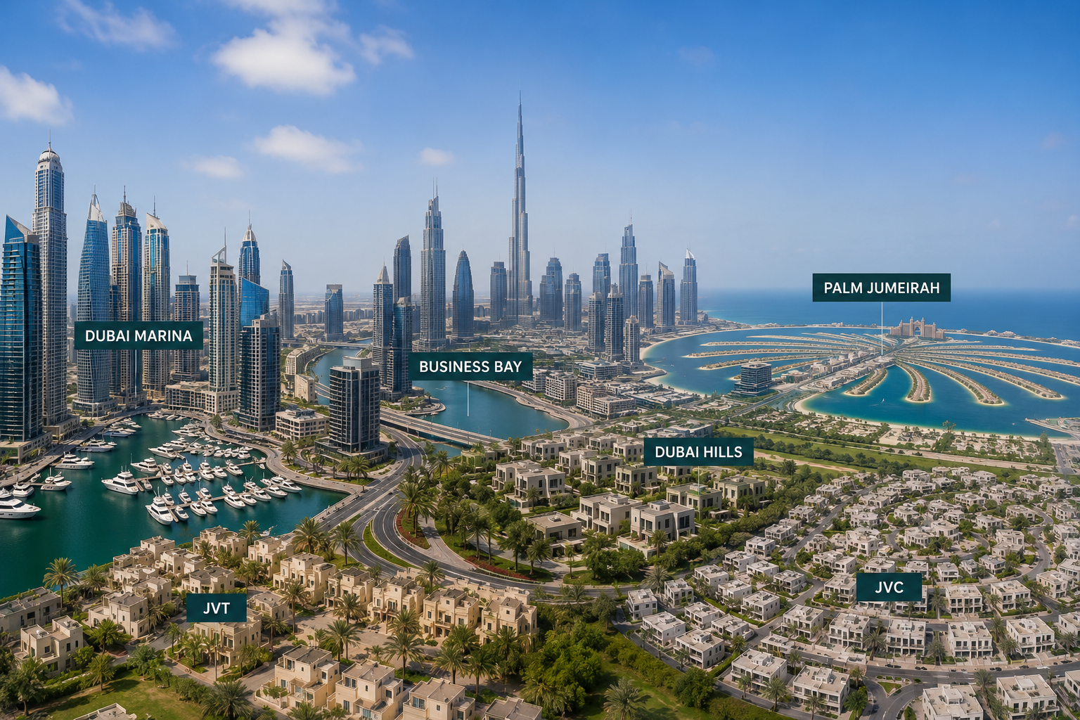 Panoramic view of Dubai Marina, Business Bay, Palm Jumeirah, Dubai Hills, JVC, and JVT for Dubai Golden Visa Property Investment.