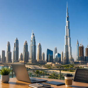 Dubai jobs and career opportunities concept featuring a modern workspace with a laptop overlooking the Burj Khalifa and Dubai skyline.