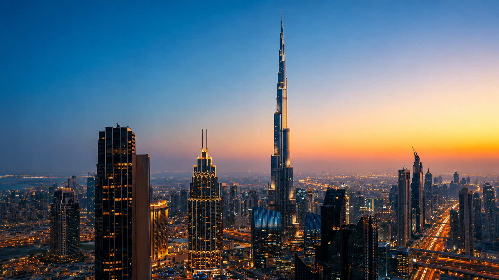 Dubai skyline with Burj Khalifa at sunset featuring modern skyscrapers and city lights for Dubai jobs travel and lifestyle website hero banner