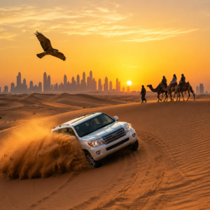 Tourist enjoying a scenic Dubai travel destination with waterfront views, traditional architecture, luxury surroundings, and iconic city attractions.