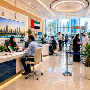 Dubai visa information office with immigration consultants assisting visitors, UAE flag, modern government service center, and professional visa application environment.