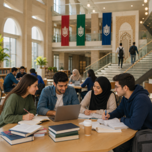 University students studying together on a modern campus in Dubai with academic buildings, library facilities, notebooks, and collaborative learning environment.